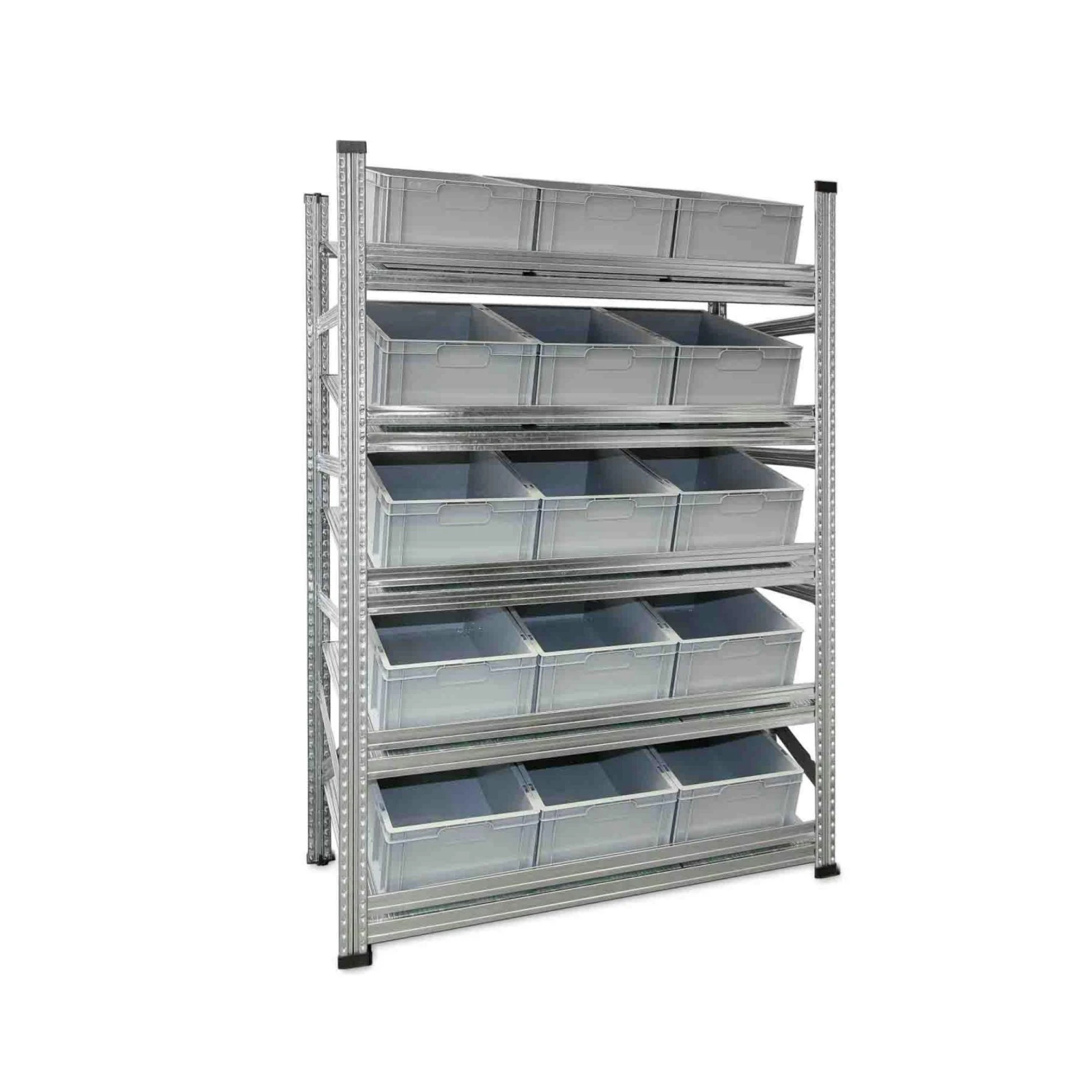 PROREGAL NextGen Schrägbodenregal Für Euroboxen (ohne Boxen) | 5 Fachböden | HxBxT 197x142x40cm | Fachlast 180kg | Verzinkt 7 PROREGAL NextGen Schrägbodenregal Für Euroboxen (ohne Boxen) | 5 Fachböden | HxBxT 197x142x40cm | Fachlast 180kg | Verzinkt – Bild 5