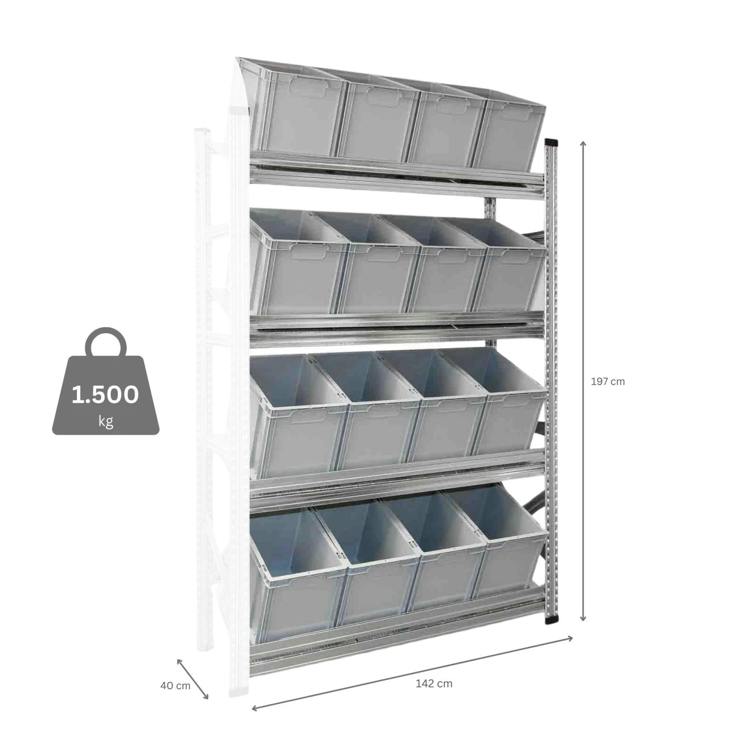PROREGAL NextGen Schrägboden-Anbauregal Für Euroboxen (ohne Boxen) | 4 Fachböden | HxBxT 197x142x40cm | Fachlast 180kg | Verzinkt 9 PROREGAL NextGen Schrägboden-Anbauregal Für Euroboxen (ohne Boxen) | 4 Fachböden | HxBxT 197x142x40cm | Fachlast 180kg | Verzinkt – Bild 7
